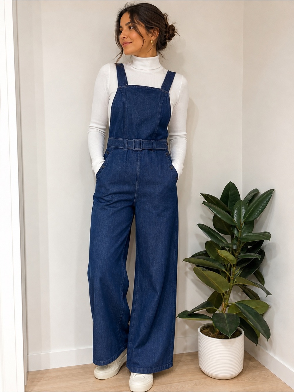 Madewell Dark Blue Denim Belted Wide-Leg Jumpsuit